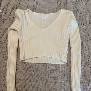 Luna Ivy Women's Cream Ribbed V-Neck Crop Sweater Top